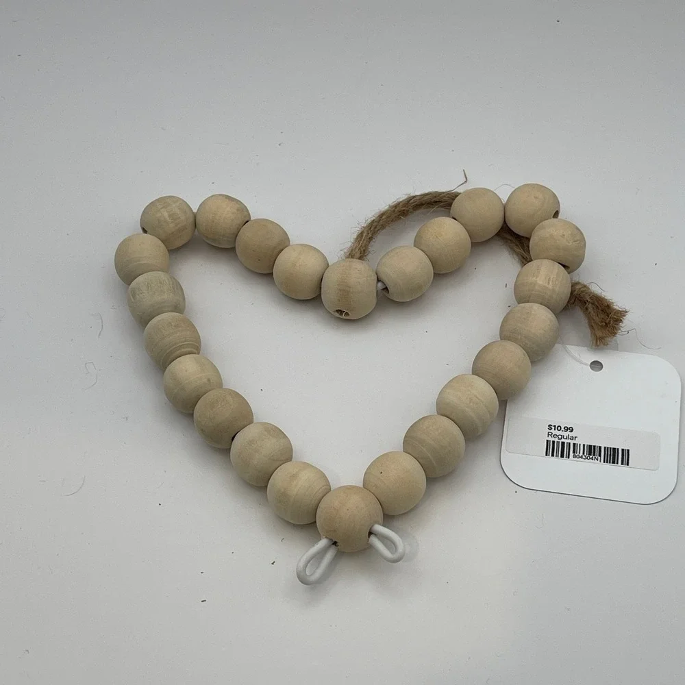 Natural Wood Bead Heart Wreath‎ Rustic Farmhouse Boho Wall Decor Ornament 9 Inch